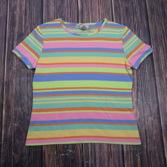 Sag Harbor Tops - Sag Harbor Womens Small Multicolor Striped T Shirt Short Sleeve Crew Granny 90s